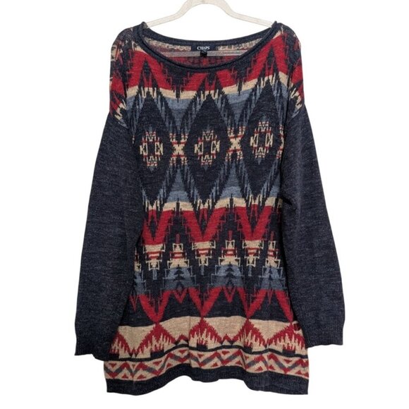 Chaps Aztec Southwestern Sweater Womens Size Large Blue Western Long Sleeve - Picture 1 of 12